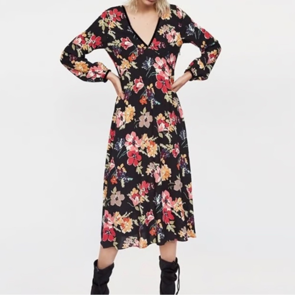 ZARA Trafaluc Floral Midi Dress Small Black V Neck Long Sleeve Velvet Trim Boho